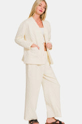 Zenana Quilted Button Up Long Sleeve Top and Pants Lounge Set OutfitFlow